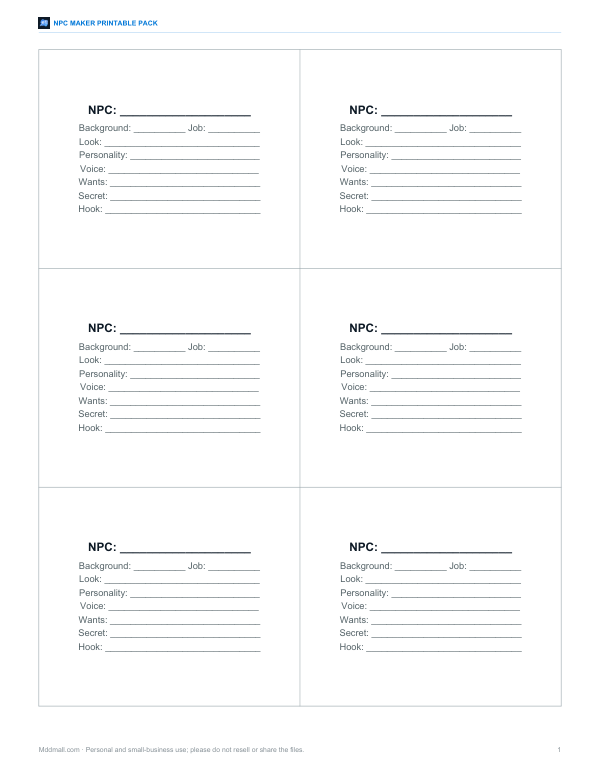 Preview of Printable NPC Cards PDF