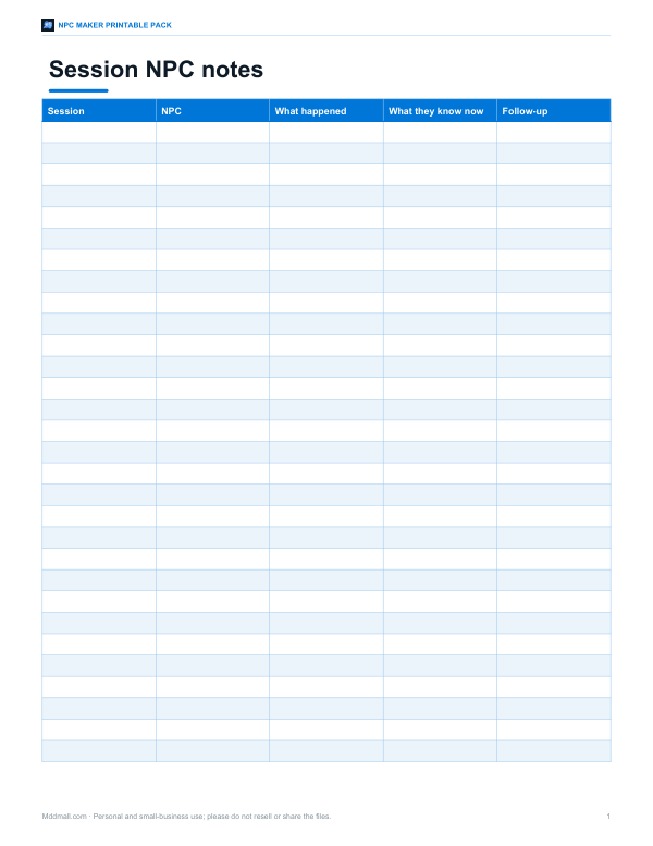 Preview of Printable Session NPC Notes Sheet