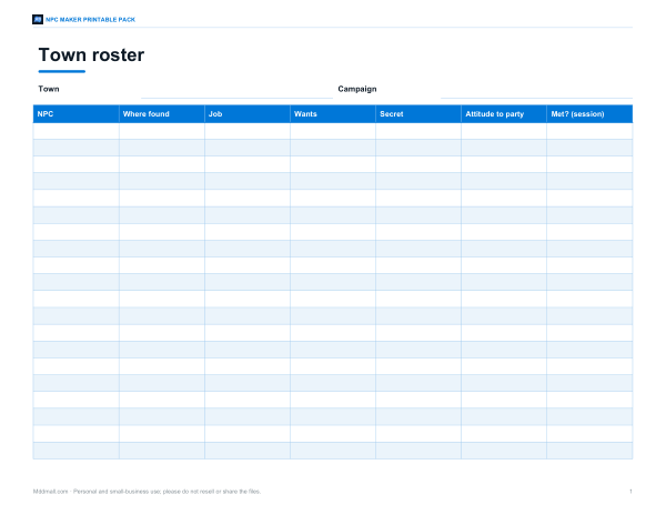 Preview of Printable Town NPC Roster